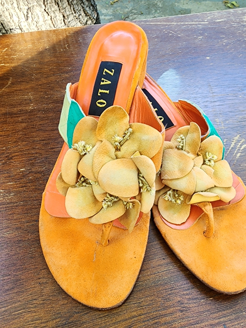 Vintage Zalo Leather Flower Thong Mule Sandals Made in Spain Orange Teal [9.5]